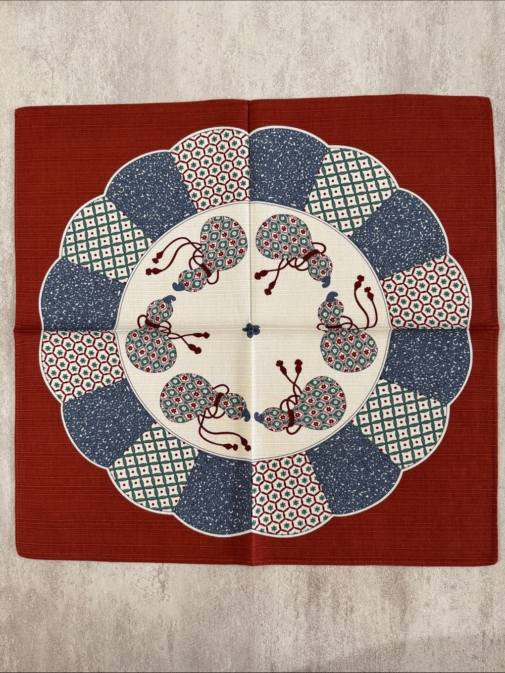 Men's Pocket Square - Red with Blue & Cream Floral Medallion - Picture 1 of 3